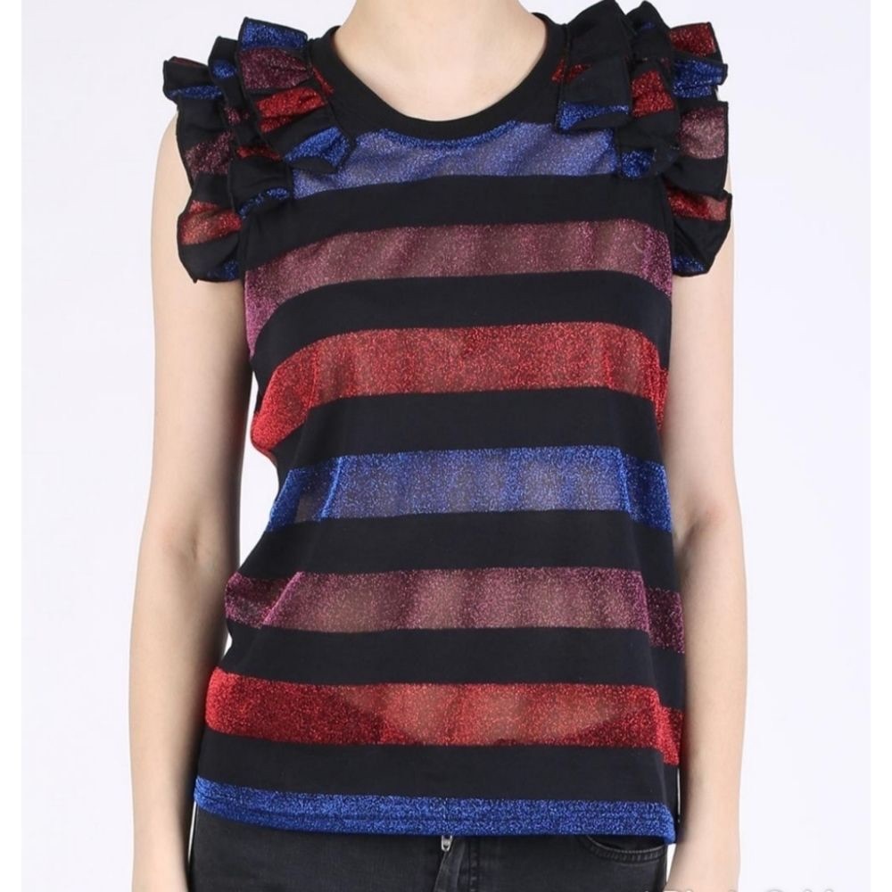 Diesel Loose Fitting Ruffle See Through Lurex Glitter Sleeveless Blouse